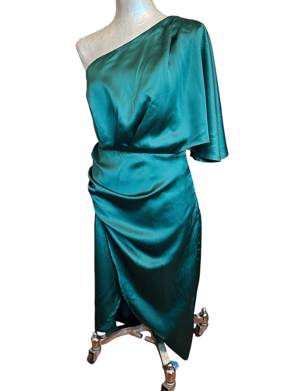 NWT Cupshe Emerald Green Satin One Shoulder Draped Midi Dress Size Large